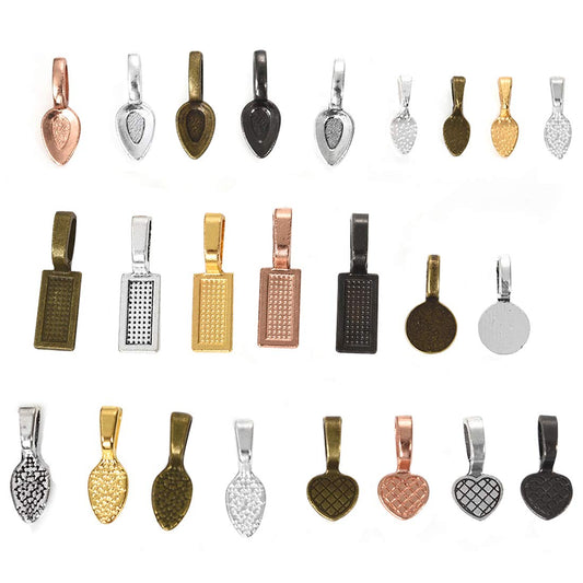 120 Pcs Glue on Bails for Jewelry Making Pendant Connector Necklace Earring Charm Spoon Oval Rectangle Heart Round Leaf Shape Alloy, Mixed Color