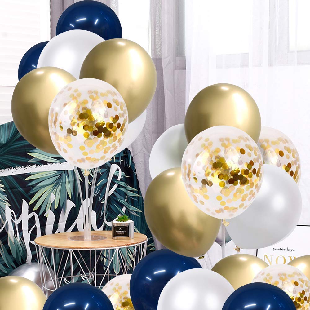 Navy Blue and Gold Confetti Balloons, 50 pcs 12 inch Pearl White and Gold Metallic Chrome Birthday Balloons for Celebration Graduation Party Balloons