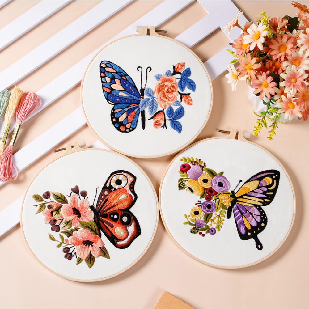 3 Sets Butterfly Embroidery Kit for Beginners Adults, Stamped Cross Stitch Kits for Beginners Include Embroidery Fabric Embroidery Hoop Threads and Needles