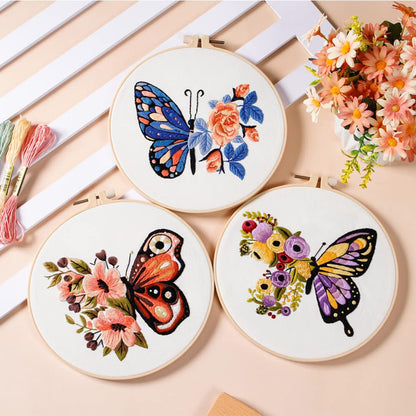 3 Sets Butterfly Embroidery Kit for Beginners Adults, Stamped Cross Stitch Kits for Beginners Include Embroidery Fabric Embroidery Hoop Threads and Needles