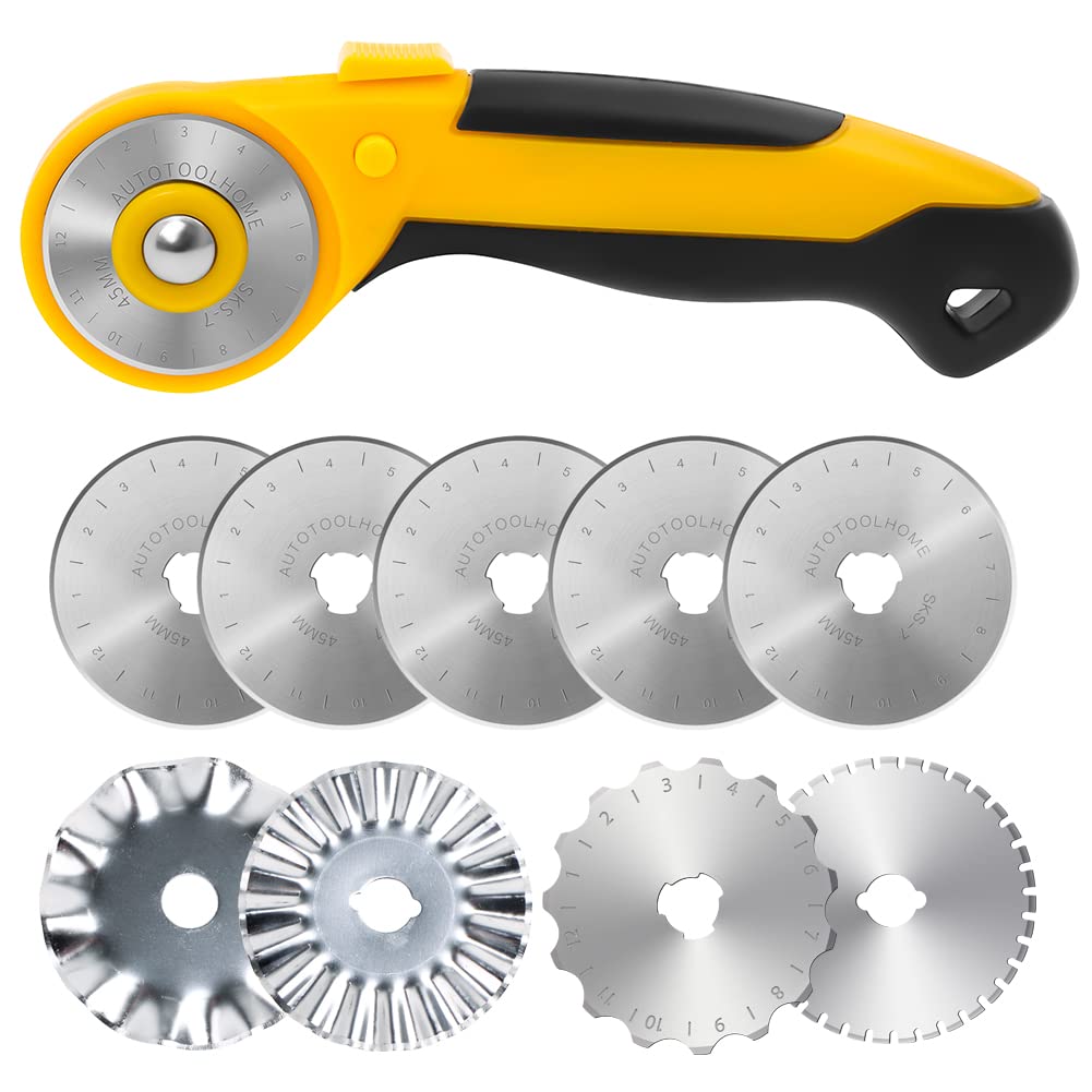 45mm Rotary Cutter with 9pcs Extra Blades Automatic Fabric Roller Cutter Perforator Crochet Edge Pinking Rotary Blades for Quilting, Sewing, Crafting