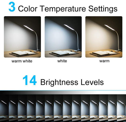 LED Desk Lamp, 5W USB Clip on Light Eye-Caring Reading Clamp Table Lamp with 48 LEDs Flexible Gooseneck, 3 Color Modes and 14 Brightness Levels for Office Bedroom Study (Black)