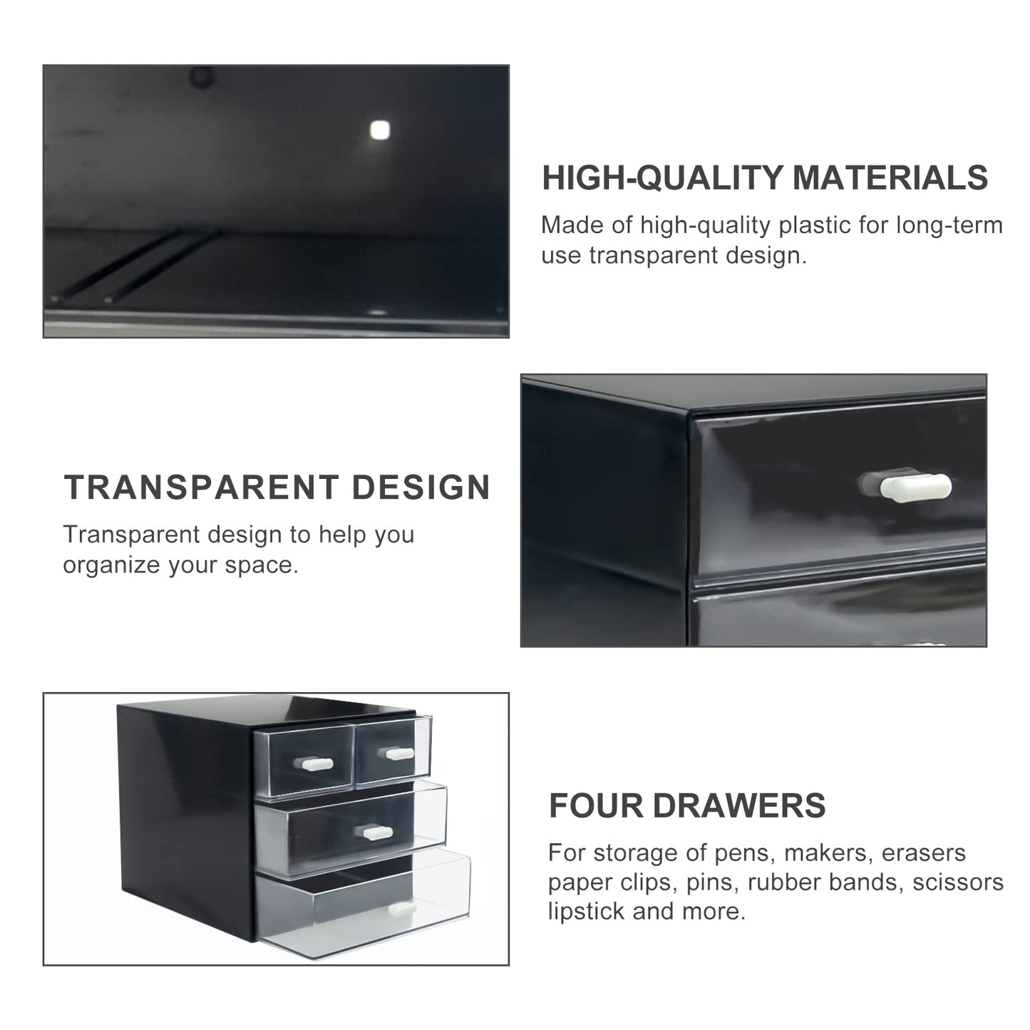 Desk Organizer with Drawer, Desk Storage Box, Plastic Office Stationery Supplies Organizers, Desktop Organizer for Office School Home (4 drawer, Black)