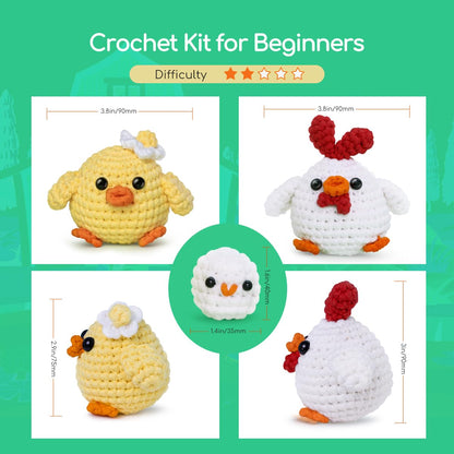 Beginners Crochet Kit, Amigurumi Crochet Animal Kit, Easy Learn to Crochet with Step-by-Step Video Tutorials, 3PCS The Chick Family for Kids & Adults