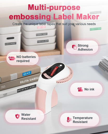 Embossing Label Maker Machine, Retro Embossed Label Maker, Old School Embosser Labeler with 6 Rolls 3D Embossing Label Waterproof for Kid DIY Home School Supplies Office Organization, Pink