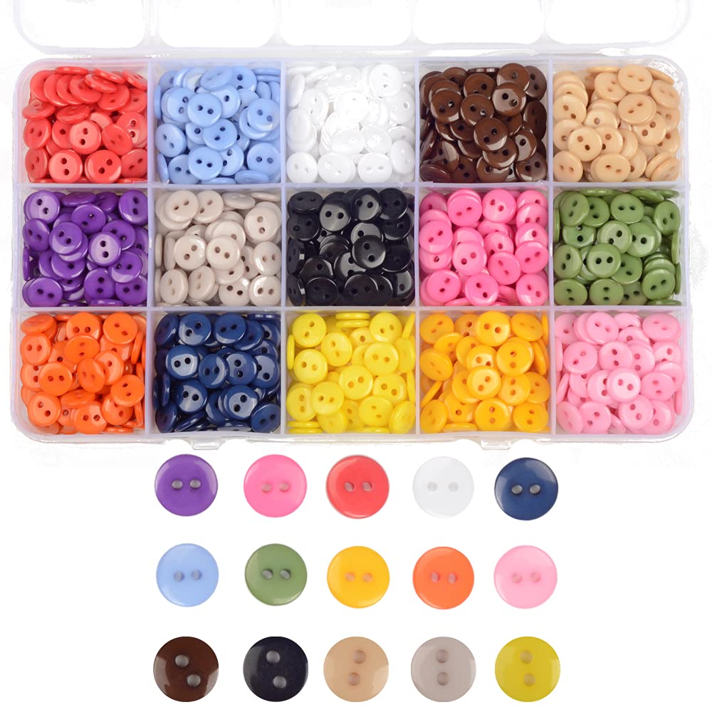 Round 2 Holes Craft Buttons, 1125Pcs 0.35 Inch(9mm) Sewing Buttons, 15 Colors Resin Buttons, for Sewing Children Sweater DIY Crafts Scrapbooking Children's Manual Project