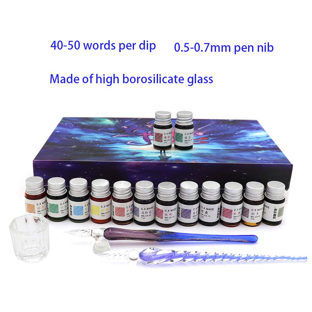 Glass Dip Calligraphy Pen Set, 18-Pieces 14 Color Inks, Pen Holder, Cleaning Cup, 2 Crystal Glass Pens for Art, Writing, Drawing, Signatures, Gift for Kids and Artist