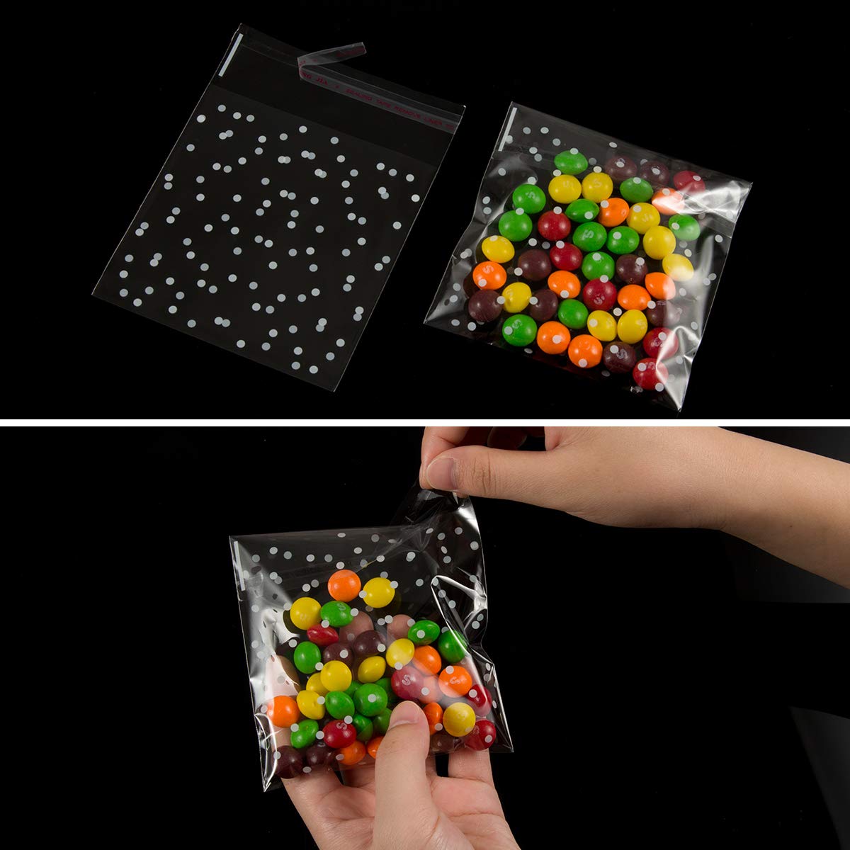 400PCS White Polka Dot Snowflake Treat Bags Self Adhesive Candy Cookie Bags Clear Cellophane Bags for Bakery Biscuit Chocolate Snacks Dessert Homemade Crafts Wedding Favors