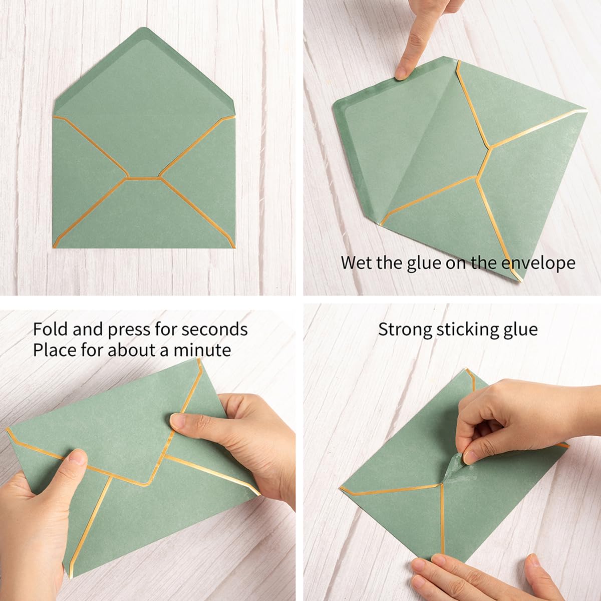 50 Pack Sage Green A7 Envelopes 5 x 7 Self-Adhesive V Flap Envelopes with Gold Border for Office, Greeting Card, Wedding, Graduation, Baby Shower, Parties, Invitations (Sage Green, 5x7)
