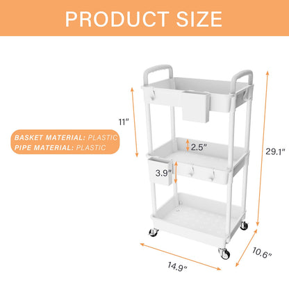 3 Tier Rolling Utility Cart with Handle,REBECAT Utility Cart Made of Multifunctional Storage Organizer Tool for Kitchen,Bathroom,Living Room,Office(White)