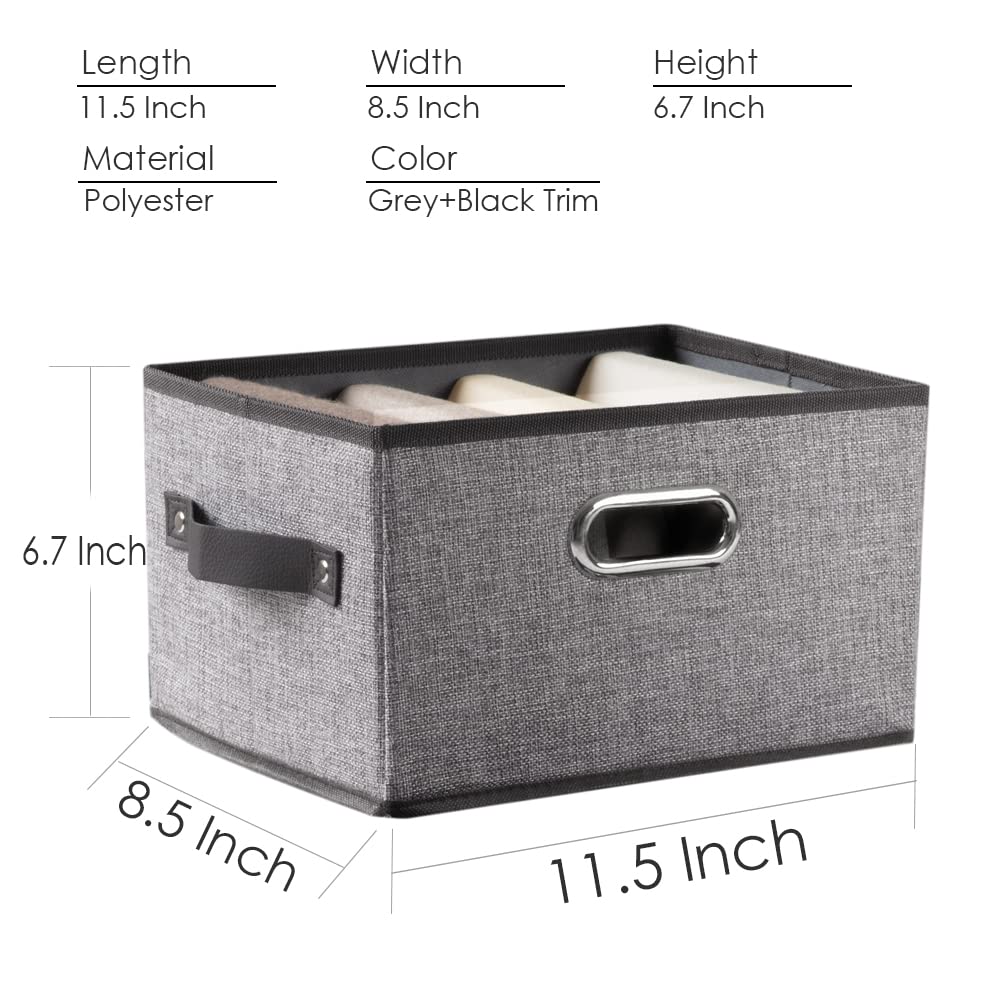 Fodable Storage Bins for Closet [3-Pack] Decorative Fabric Storage Baskets Cubes with Leather/Metal Handles for Shelves Bedroom Living Room Grey (11.5x8.5x6.7 Inch)