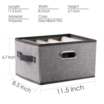 Fodable Storage Bins for Closet [3-Pack] Decorative Fabric Storage Baskets Cubes with Leather/Metal Handles for Shelves Bedroom Living Room Grey (11.5x8.5x6.7 Inch)
