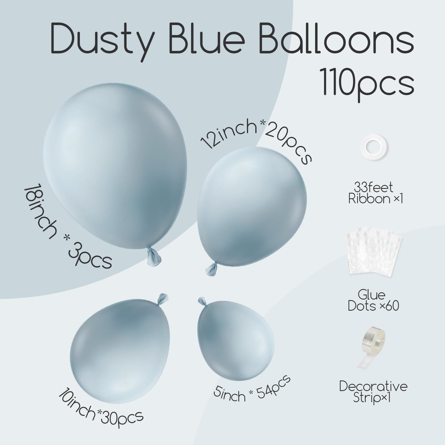 110pcs Dusty Blue Balloons, 18 12 10 5 inch Dusty Blue Balloons Different Sizes Balloon Arch Kit for Bridal Shower Gender Reveal Baby Shower Birthday Party Decorations