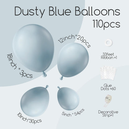 110pcs Dusty Blue Balloons, 18 12 10 5 inch Dusty Blue Balloons Different Sizes Balloon Arch Kit for Bridal Shower Gender Reveal Baby Shower Birthday Party Decorations