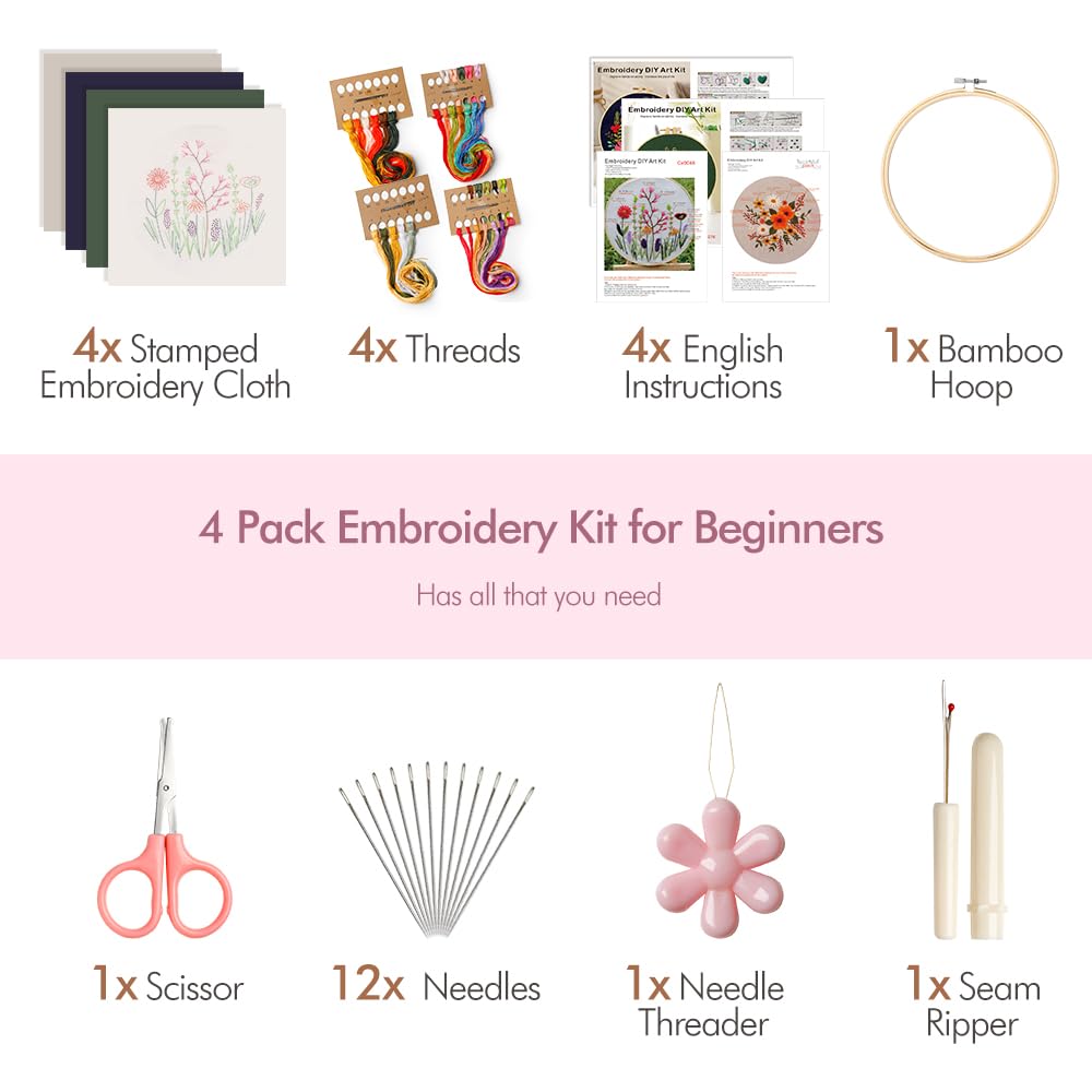 4 Pack Embroidery Kit for Beginners,Adults DIY Starter Kit,Cross Stitching Kits with Flower Stamped Patterns,Hoop,Tools,Colorful Threads with Needles,Step by Step Instructions,Hand Craft Lover Gift