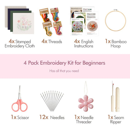 4 Pack Embroidery Kit for Beginners,Adults DIY Starter Kit,Cross Stitching Kits with Flower Stamped Patterns,Hoop,Tools,Colorful Threads with Needles,Step by Step Instructions,Hand Craft Lover Gift
