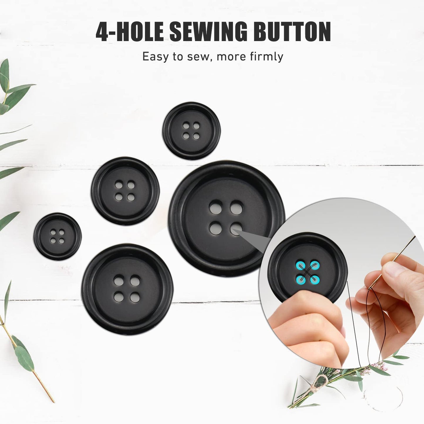 100 Pcs Black Resin Sewing Buttons, 4-Hole Craft Suit Coat Shirt Buttons, 5 Sizes, Round Mixed, with Compartment Storage Box, Suitable for Sewing, DIY and Holiday Decoration