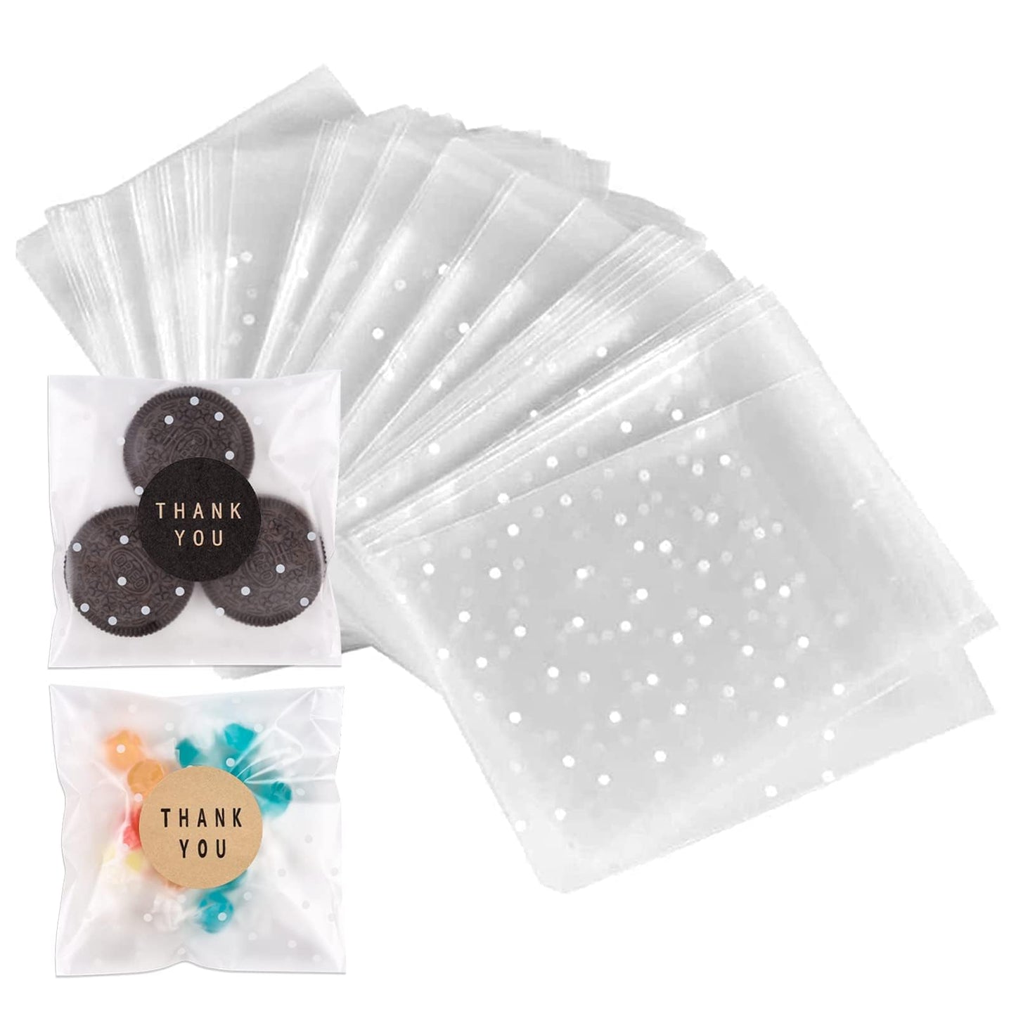 200PACK Self Sealing Cellophane Bags Clear Cookie Bags for Gift Giving Treat bag for Packaging Cookies, Candy, Gifts (White Polka Dot, 4x4Inches)