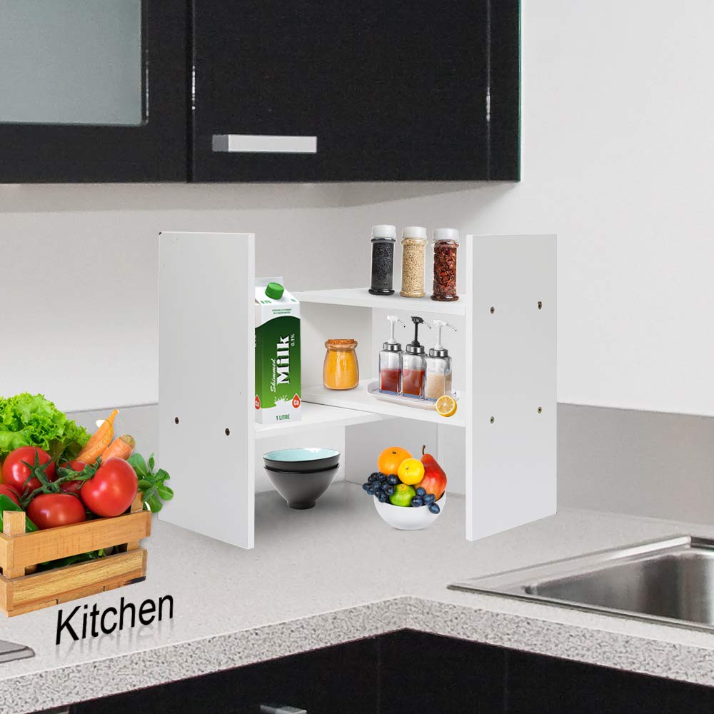 Desk Shelf, Adjustable Desktop Storage Organizer, Wood Display Shelf Rack, Office Supplies Desk Organizer,White