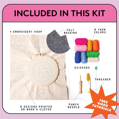 Punch Needle Kit, Set of 6 Coasters, Includes Beginner Video Tutorials and Instructions, Beginner Punch Stitch for Adults, Mug Rug Punch Needle Kit,