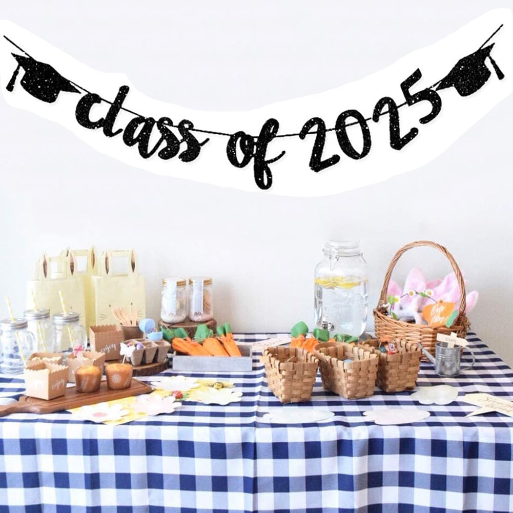 2025 Graduation Banners Party Decorations, Black Class of 2025 with Hat Graduation Banners Garland for Congratulation Graduations Party Supplies, School, Home, Car Decorations