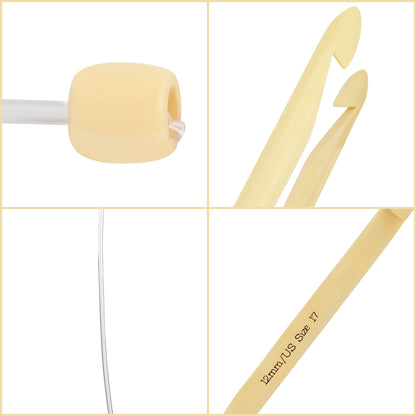 Bamboo Wood Crochet Hooks with Plastic Cable (16 Pairs) - 2-12mm Sizes - Tunisian Hook Needles Set with Bead Ends - for Knitting Yarn, Weave Craft and Crocheting Projects