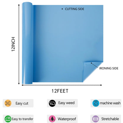 HTV Iron on Vinyl 12Inch by 12ft Roll Heat Transfer Vinyl for T-Shirt HTV Vinyl Rolls for All Cutter Machine - Easy to Cut & Weed for Heat Transfer Design (12ft, Sky Blue)