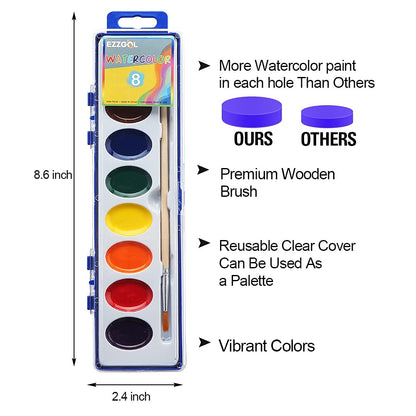 24 Count Watercolor Paints, 8 Colors, Washable, Non-Toxic, Perfect for Kids 3+