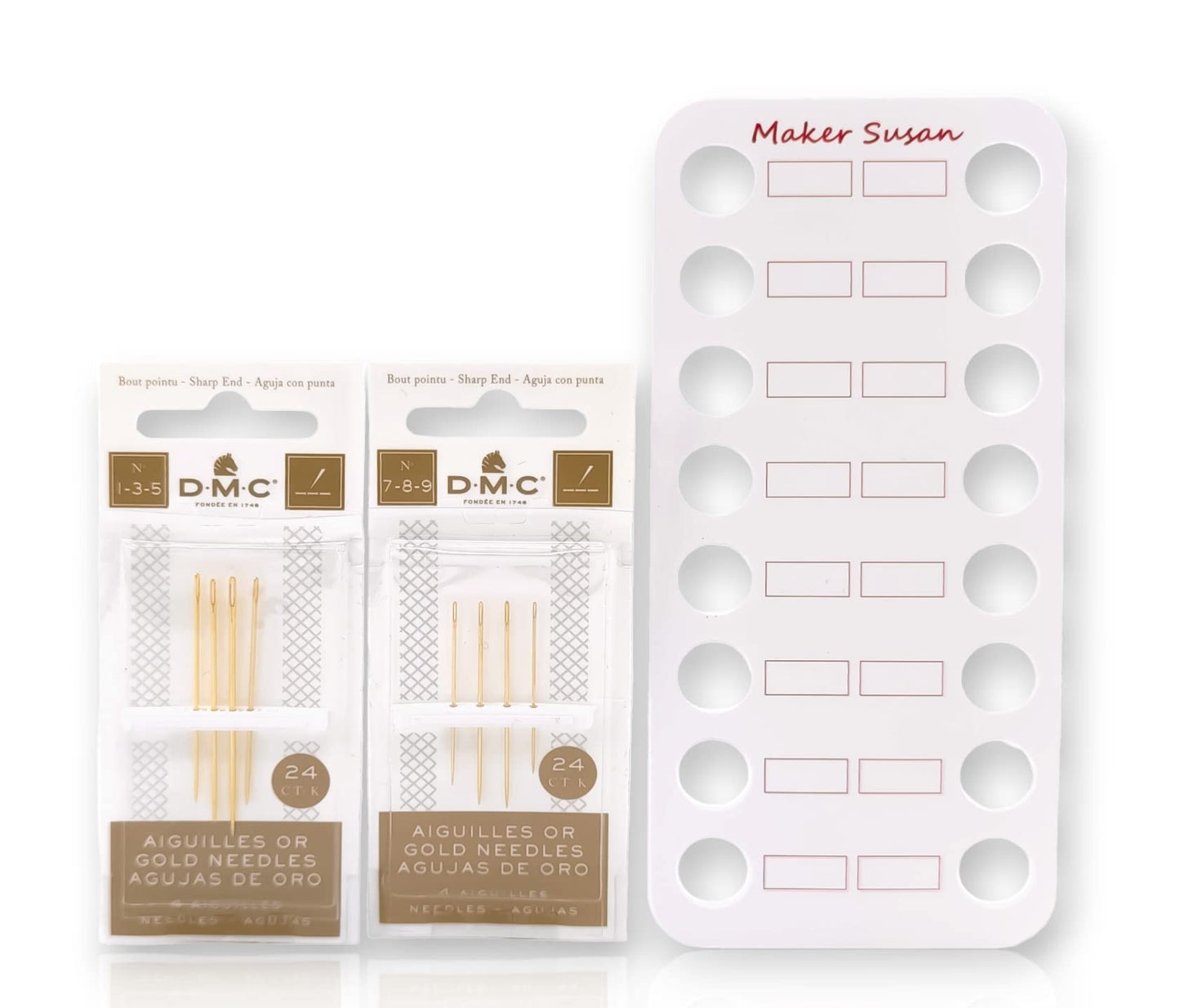 Gold Embroidery Hand Needles (1-3-5-7-8-9 Bundle Pack), Large Eye Sharp End Embroidery and Cross Stitch Needles with Maker Susan Thread Organizer Card (Total 8 Needles, 1 Organizer Card)