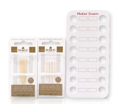 Gold Embroidery Hand Needles (1-3-5-7-8-9 Bundle Pack), Large Eye Sharp End Embroidery and Cross Stitch Needles with Maker Susan Thread Organizer Card (Total 8 Needles, 1 Organizer Card)