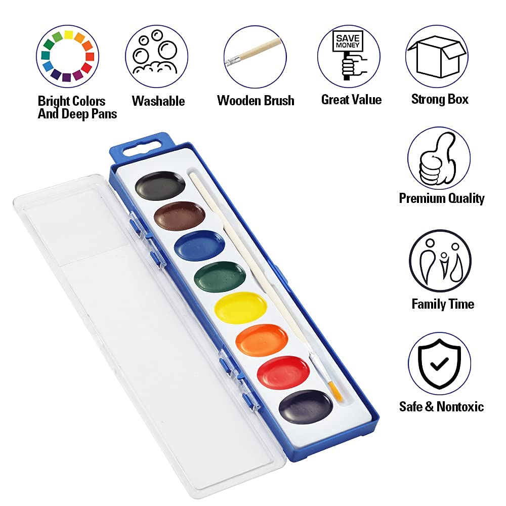 24 Count Watercolor Paints, 8 Colors, Washable, Non-Toxic, Perfect for Kids 3+