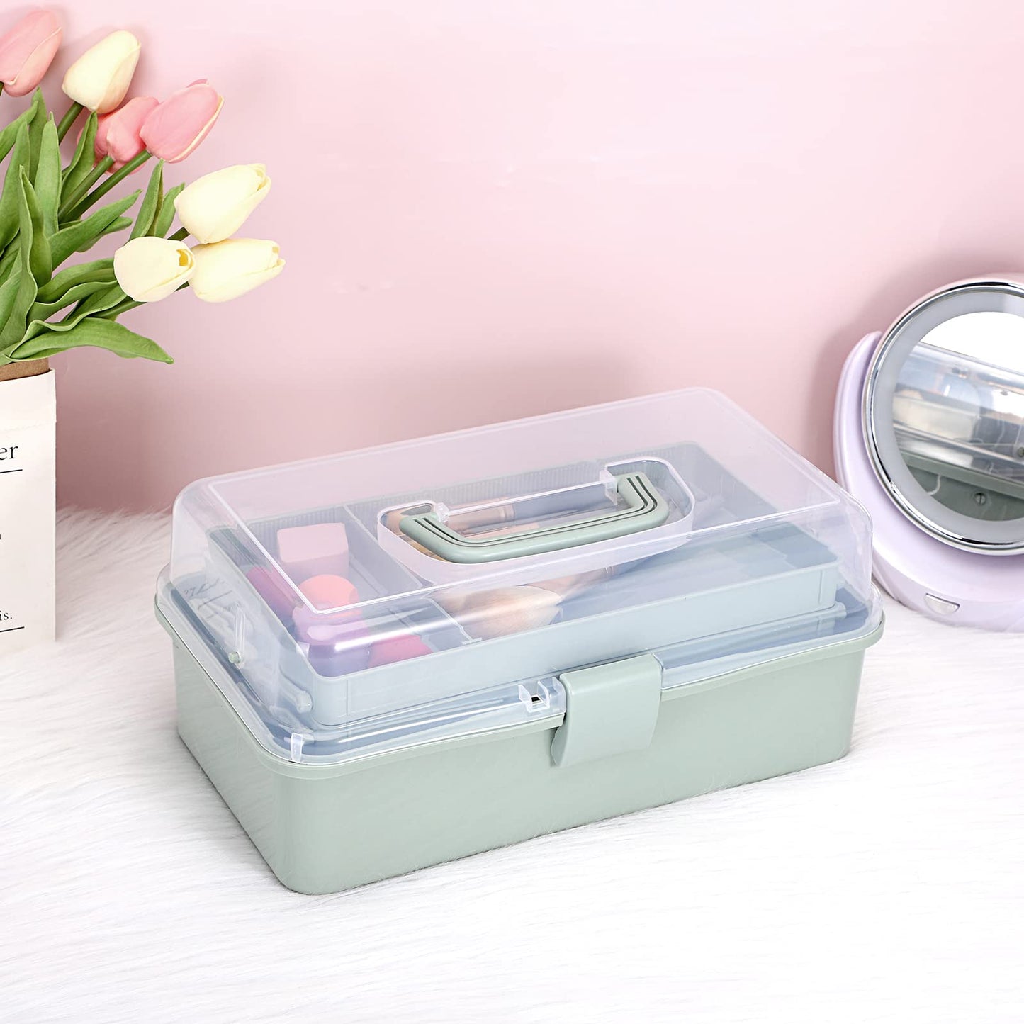3-Layer Plastic Dividing Storage Box Craft Organizer and Storage with Adjustable Spacers Portable Handled Art Supply Organizer Multipurpose Home Utility Box for Medicine Box Sewing Box Organizer (Haze Green)