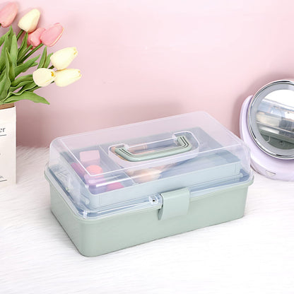 3-Layer Plastic Dividing Storage Box Craft Organizer and Storage with Adjustable Spacers Portable Handled Art Supply Organizer Multipurpose Home Utility Box for Medicine Box Sewing Box Organizer (Haze Green)