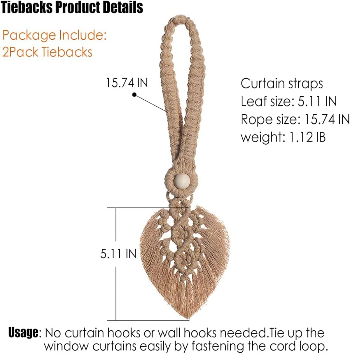 2Pack Curtain Tiebacks Handmade Holdbacks - Farmhouse Curtain Tie Back Holder by Hand-Woven Cotton Rope, Bohemian Home Decor Drapery Holdback