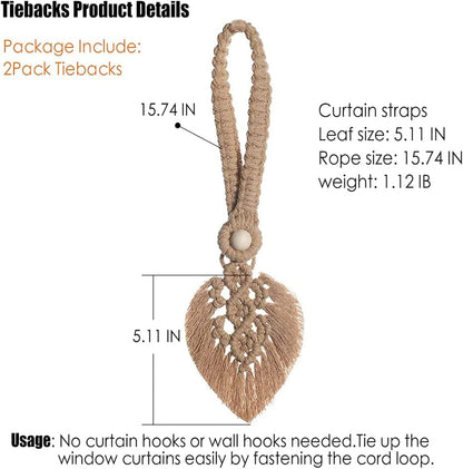 2Pack Curtain Tiebacks Handmade Holdbacks - Farmhouse Curtain Tie Back Holder by Hand-Woven Cotton Rope, Bohemian Home Decor Drapery Holdback