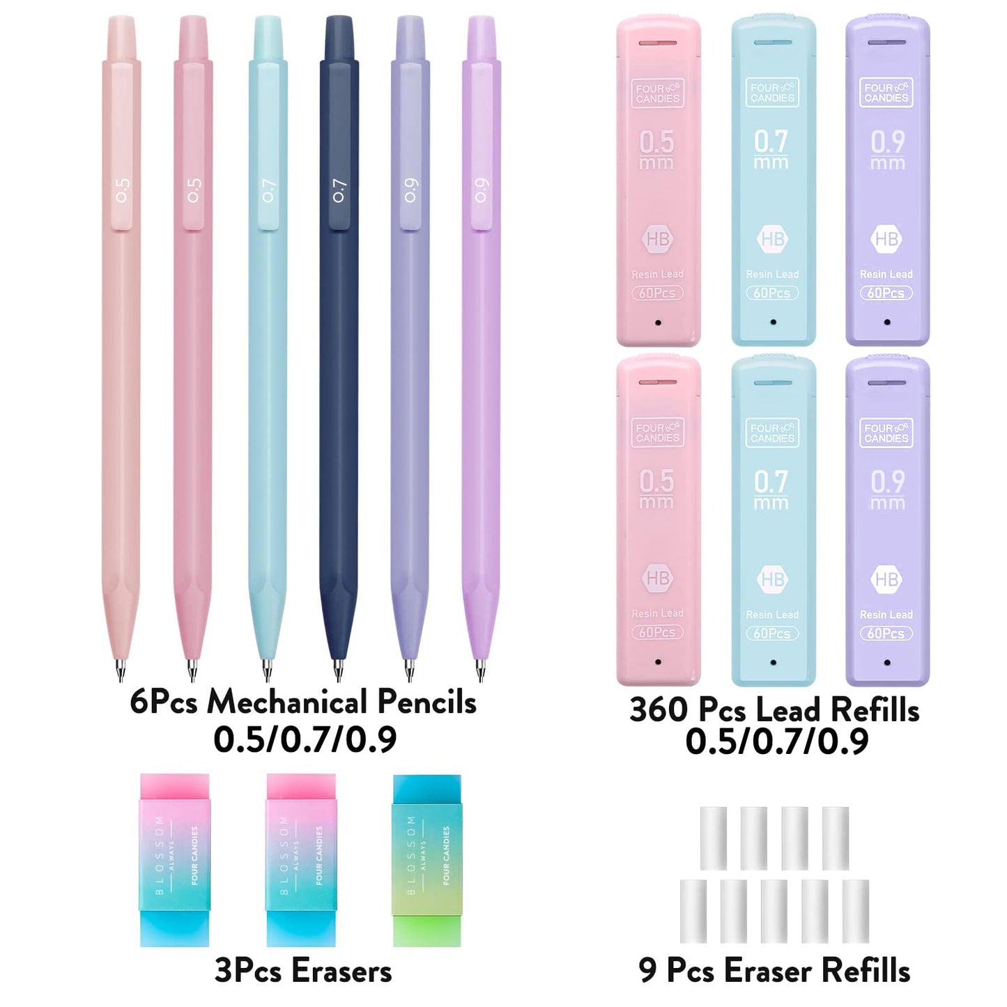 Cute Mechanical Pencil Set, 6PCS Pastel Mechanical Pencils 0.5 mm & 0.7mm & 0.9mm with 360PCS Leads, 3PCS Erasers and 9PCS Eraser Refills, Aesthetic Pencils for Girls Writing, Art Drawing