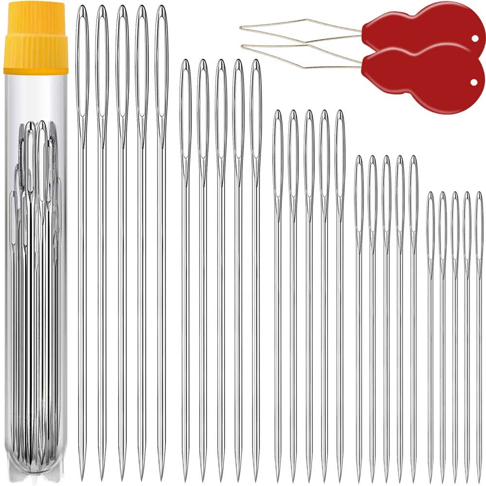 Premium Large Eye, Large Gauge Needles for Hand Sewing - Assorted Sizes, Including Embroidery - 25/50 PCs with 2 Threaders