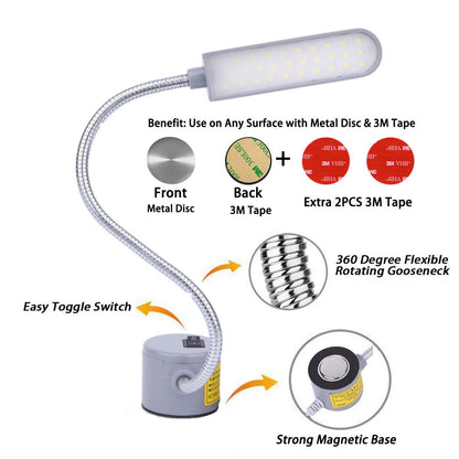 Sewing Machine Light LED Lighting (30LEDs) 6 Watt Multifunctional Flexible Gooseneck Arm Work Lamp with Magnetic Mounting Base for Workbench Lathe Drill Press Gray