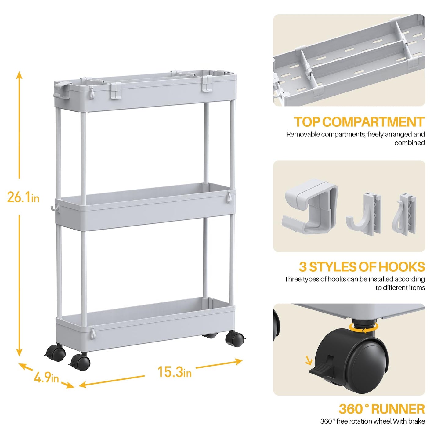 Slim Storage Cart 3 Tier,Bathroom Organizer Rolling Utility,Mobile Shelving Unit Slide Out for Office, Kitchen, Laundry Room & Narrow Places,Gray
