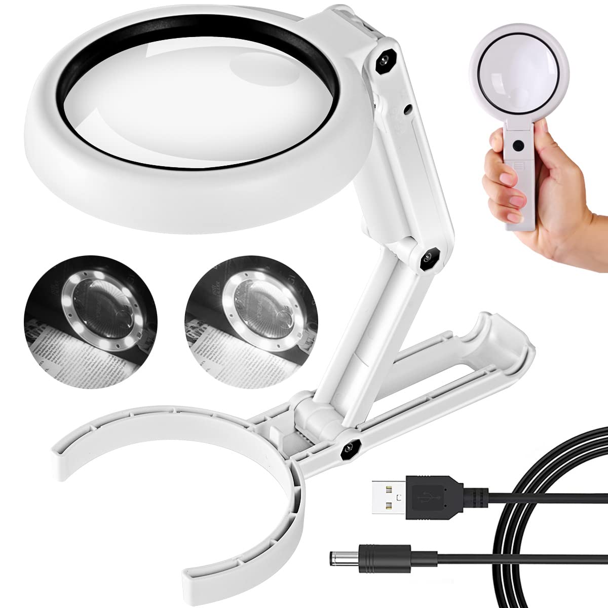 30X 10X Magnifying Glass with Light and Stand, Foldable Handheld Magnifying Glass & 2 Level Dimmable for Macular Degeneration, Seniors Reading, Close Work, Coins, Jewelry, Powered by Battery or USB