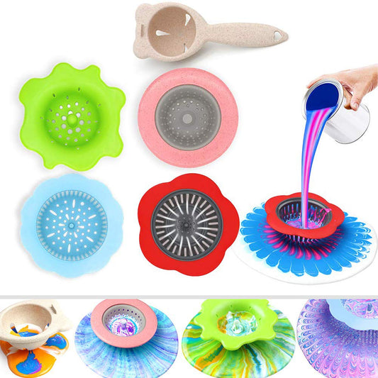 Acrylic Pouring Strainers, Angela&Alex 5 PCS Flow Painting Tools Christmas DIY Kits Drawing Sets Flower Strainers Plastic Silicone Drain Basket Unique Pattern Train Art Supplies