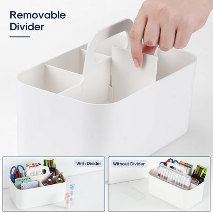 Caddy Organizer with Handle - Stackable Plastic Tote Bin - Art Craft Supplies, Office, Desk, Stationery Pen Holder, Kitchen, Utensil, Makeup, Bathroom, Shower, Cleaning, Dorm Organizer -White