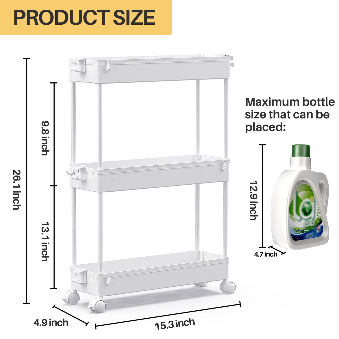 Slim Rolling Storage Cart, 3 Tier Bathroom Storage Organizer Laundry Room Utility Cart Mobile Shelving Unit, Multi-Purpose for Kitchen Office Bathroom Laundry Narrow Places, White