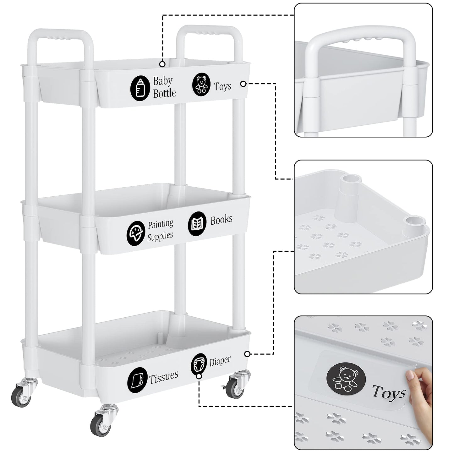 3-Tier Rolling Utility Cart with 12 Category Labels,Multifunctional Storage Shelves with Handle and Lockable Wheels for Room,Office,Kitchen,Bathroom,White
