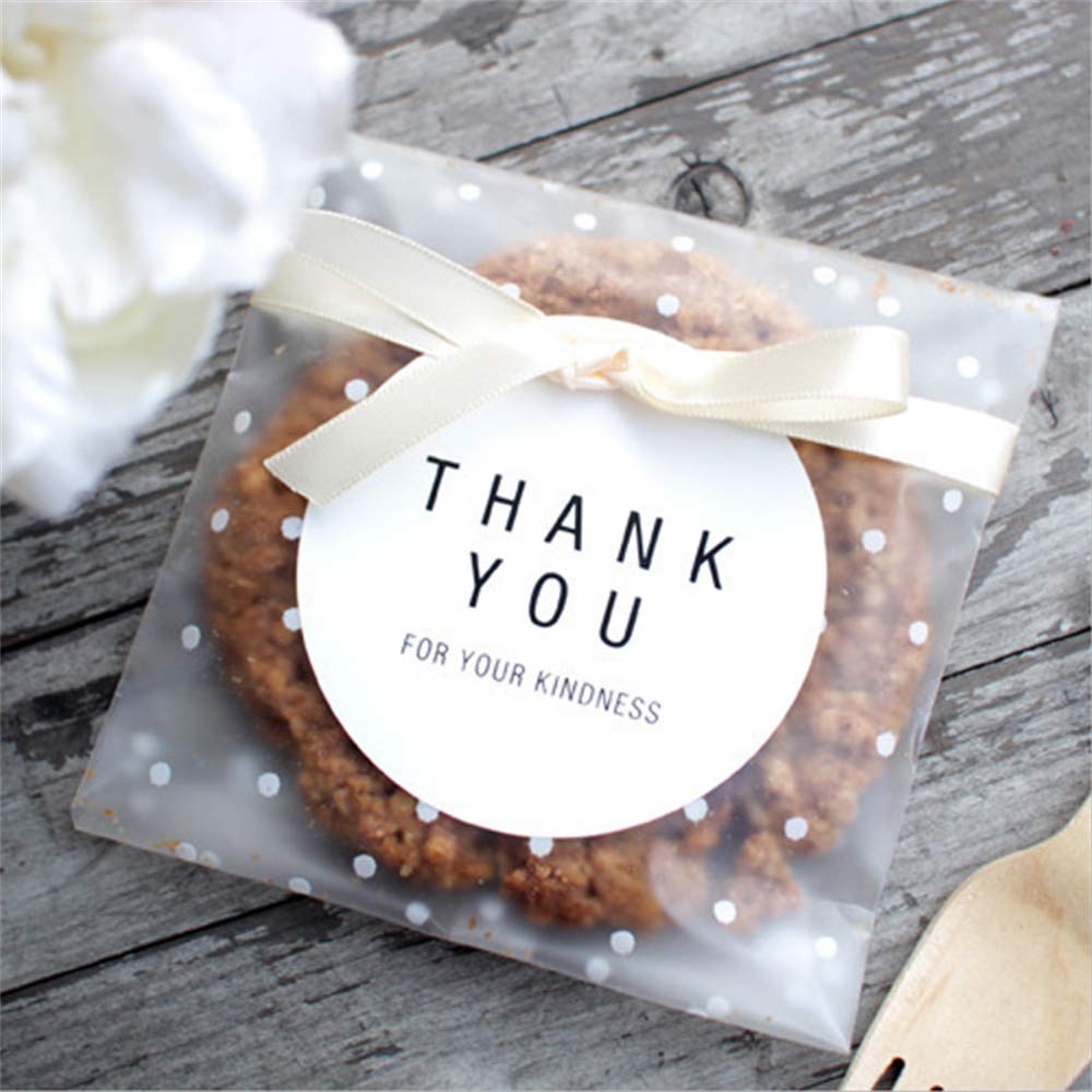 Self Adhesive Treat Cellophane Cookie Bag, White Polka Dot Party Favor Bag for Bakery, Candy, Cookie (5.5 x 5.5 inches, 100 Pcs)