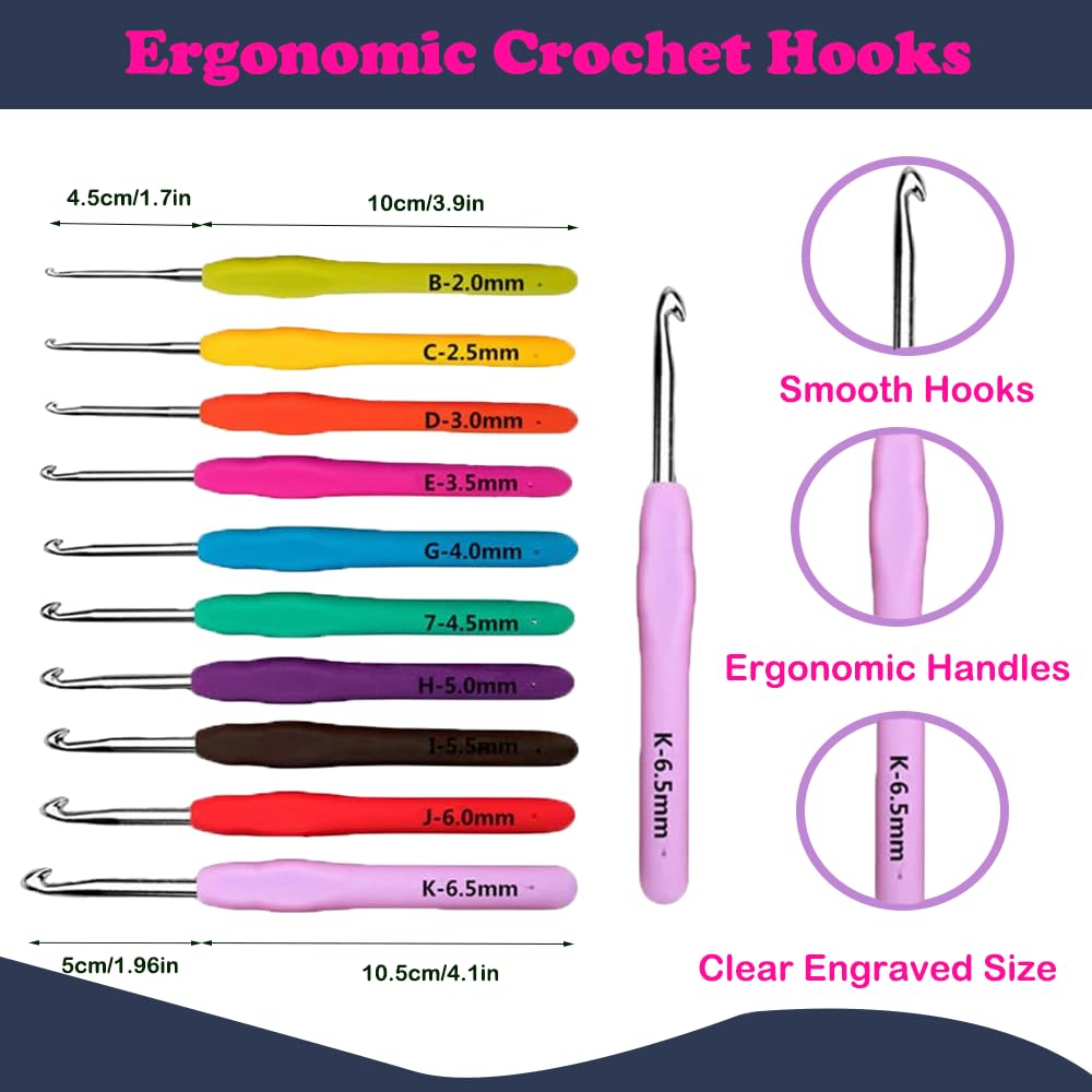 Crochet Kits for Beginners, All in One Crochet Kits with 840 Yards Crochet Yarn, 10 Size Ergonomic Crochet Hooks 2.0mm~6.5mm