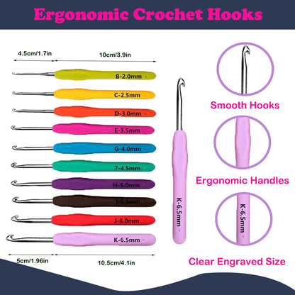 Crochet Kits for Beginners, All in One Crochet Kits with 840 Yards Crochet Yarn, 10 Size Ergonomic Crochet Hooks 2.0mm~6.5mm