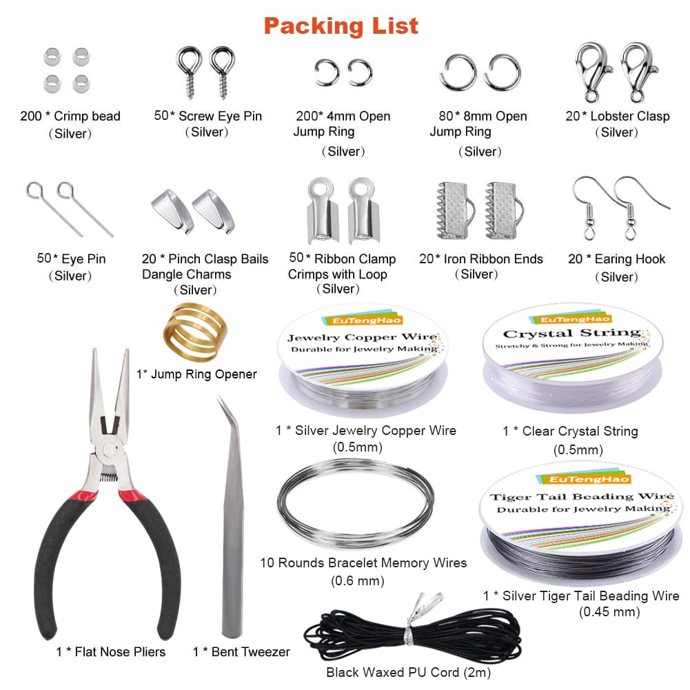 Jewelry Making Kit with Pliers, Wires, Jump Rings, Clasps, Cord and More for Jewelry DIY Crafts - Silver