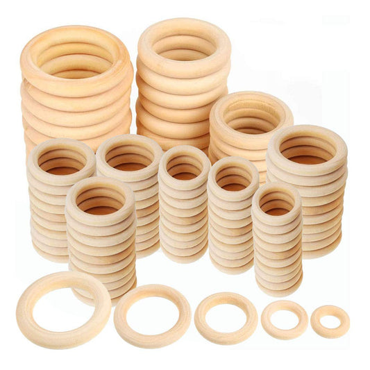 100 Pcs 5 Sizes Natural Wood Rings for Crafts, Unfinished Smooth Wooden Ring for Macrame, Wood Circles for Craft, DIY Ring Pendant and Connectors Jewelry Making