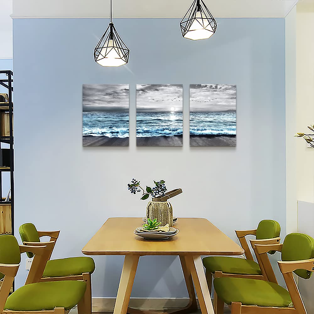 Wall Decorations For Living Room 3 Piece Framed Canvas Wall Art For Bedroom Office Wall Decor Black And White Beach Wall Painting Blue Ocean Wave Pictures Artwork Modern Posters Home Decor